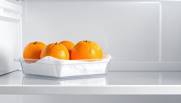 Fresh Oranges in Plastic Container Inside Refrigerator