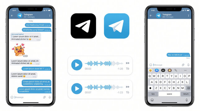 Telegram messenger app UI design set with chat screens, messenger icons in blue and black, voice message audio waveforms, and keyboard layout on smartphone screens for mobile app development.