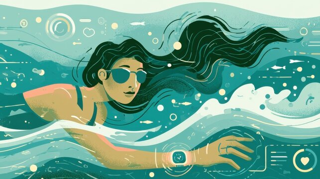 A woman swims laps in a pool wearing sunglasses and a waterproof smart ring, tracking swim stroke data and lap counts during her workout