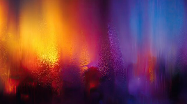 Vibrant, blurry abstract with warm oranges and cool blues, resembling light through frosted glass