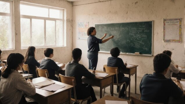 Teacher instructing students in a classroom setting.