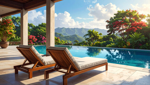 Swimming pool lounge chairs landscape