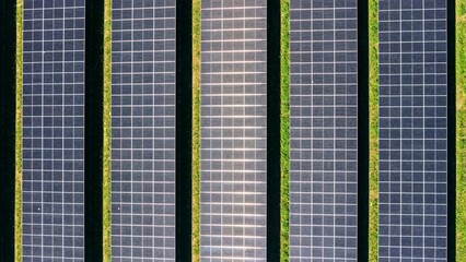 Aerial View of Parallel Solar Panel Rows with Green Vegetation © Maik