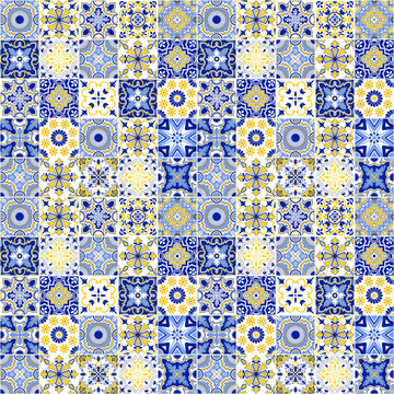 Patr&oacute;n continuo de azulejos cer&aacute;micos estilo portugu&eacute;s en azul y amarillo