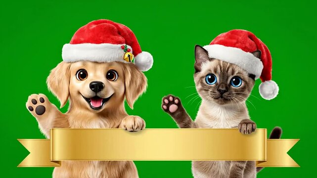 Festive Puppy And Kitten With Santa Hats Waving Paws On Green Background For Holiday-Themed Promotions And Greetings