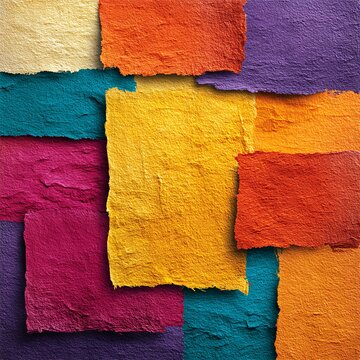 Textured paper scraps layered in an abstract collage with vibrant shades of yellow orange purple and teal creating a dynamic artistic composition for creative projects