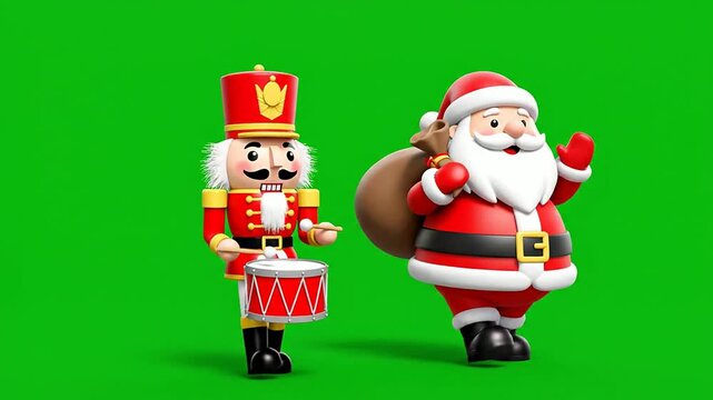 Festive Santa Claus And Nutcracker Characters On Green Screen Background For Holiday Celebrations And Video Overlays