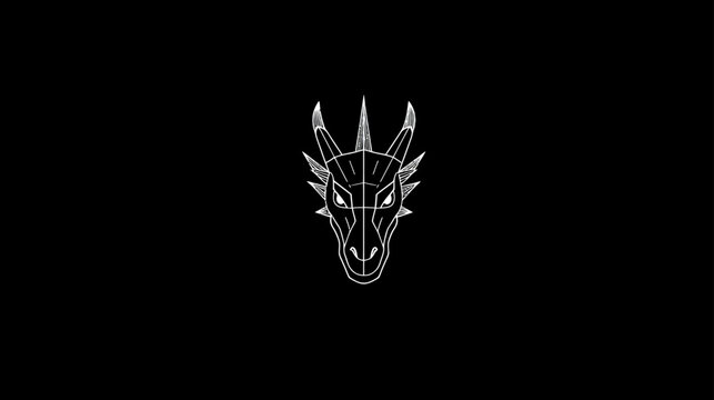 Geometric white line art dragon head illustration on a black background, minimalist fantasy creature design, mythical beast symbol.