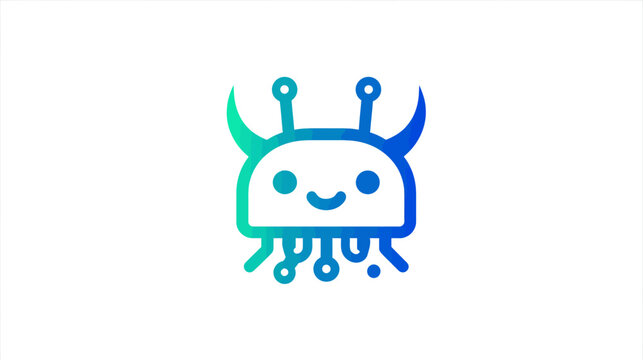 Cute robot alien creature icon with circuit board elements, smiling and friendly, gradient green and blue digital character illustration