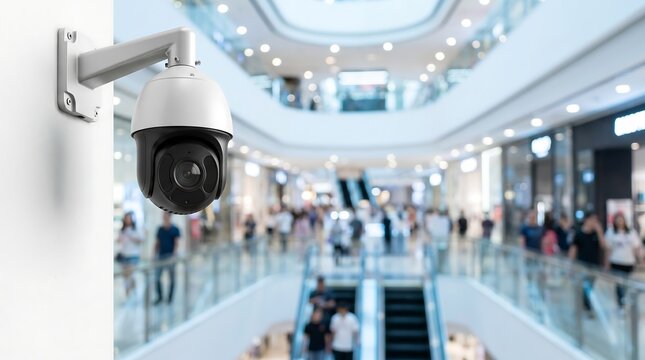 Modern security dome camera mounted on white wall inside large shopping mall capturing surveillance footage of public area for safety and loss prevention in retail environments