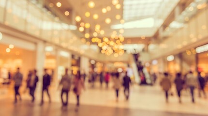 Obraz premium Warmly lit blurred shopping mall interior featuring golden bokeh lights and holiday festive atmosphere for seasonal retail sales promotions and marketing background imagery