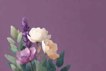 Obraz premium A vase filled with purple and white flowers on top of a table with a wall in the background. the painting is an acrylic painting on canvas giving it a vibrant and colorful look.