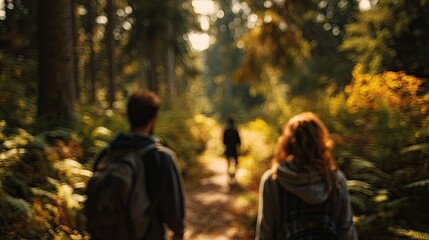 Fototapeta premium Two individuals with backpacks walk along a sun-dappled forest path with a third person ahead