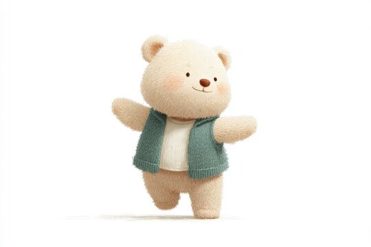 A small white teddy bear wearing a green scarf set against a white background. the bear has a soft plush texture and its eyes are closed giving it a peaceful and contented look.