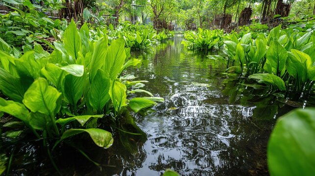 Urban wetland ecological reserve, lush green plants and clear water, simple natural environmental scenery