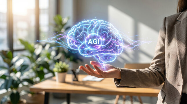 Businesswoman holding glowing AGI artificial general intelligence brain hologram in modern office, AGI artificial general intelligence concept, futuristic digital brain hovering over hand.
