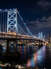 Naklejka premium Illuminated Suspension Bridge Spanning Dark Waterfront City Skyline at Night