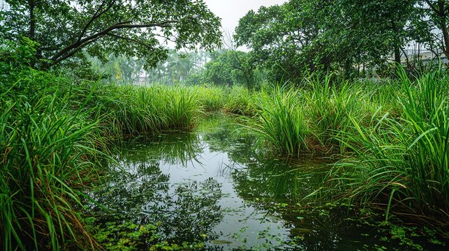 Urban wetland ecological reserve, lush green plants and clear water, simple natural environmental scenery