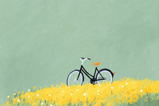 A bicycle parked in a field of yellow flowers with a bird perched on the handlebars. the background is a vibrant green color creating a peaceful atmosphere.