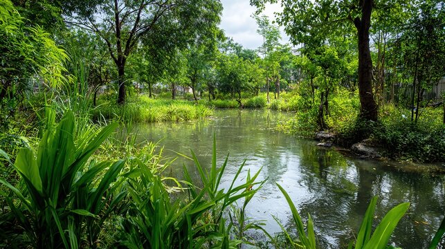 Urban wetland ecological reserve, lush green plants and clear water, simple natural environmental scenery