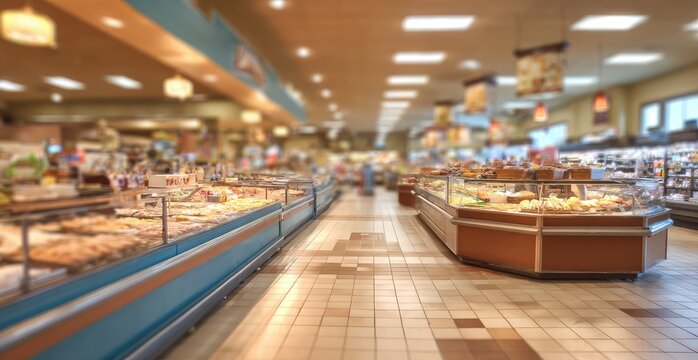A bright, aisle view of a bakery section in a grocery store
