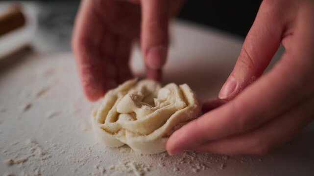 Close-up of hands shaping dough into a rose. Fingers gently mold the soft, pale dough. Dusting flour adds texture to the workspace. Calm, focused action suggests baking or culinary art
