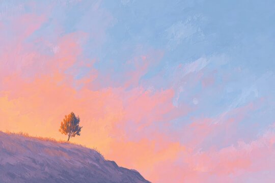 A lone tree standing atop a hill at sunset with the sky painted in a array of oranges pinks and purples. the tree stands tall and proud its branches reaching up towards the sky its leaves rustling in.