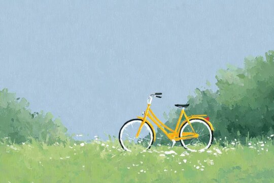 A yellow bicycle parked in a field of lush green grass and white flowers with trees in the background and a bright blue sky above.