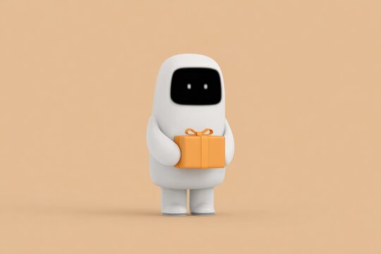 A white robot holding an orange gift box in its hands against a creamcolored background.