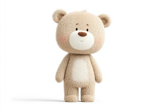 A beige teddy bear standing on a white background. it is made of soft plush material and has a friendly expression on its face.