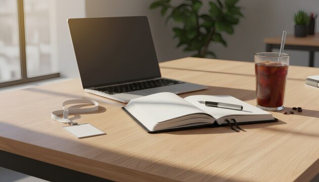 Modern office workspace with laptop, open notebook, ID badge, and iced coffee on wooden desk in warm sunlight, perfect for a summer internships concept