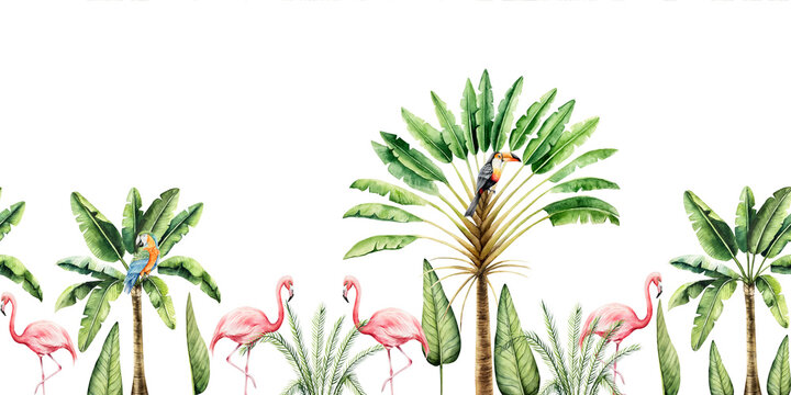 Seamless border with tropical palms, pink flamingo, parrot macaw, toco toucan. Watercolor hand drawn Travelers tree, birds. Isolated banner, frame illustration on transparent background. Perfect for