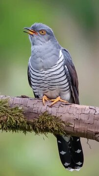 Common cuckoo bird perched on a mossy branch moving its beak in this high definition nature video animation footage featuring detailed grey feathers and bright yellow eyes in the wild