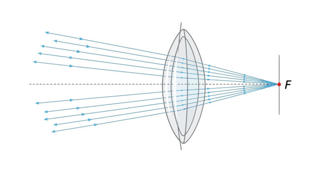 Converging Lens Focusing Parallel Light Rays to Focal Point F - Optics Diagram
