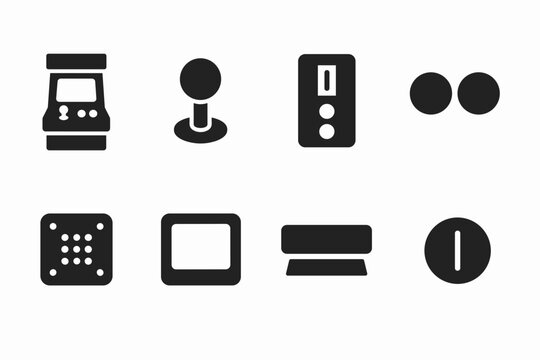 Retro Arcade Icons. Old-school arcade vibes. Filled icon set of old-school arcade vibes: arcade cabinet,