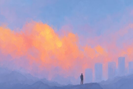 A man standing atop a mountain looking out over a cityscape of buildings and hills. the sky is filled with clouds creating a peaceful atmosphere.