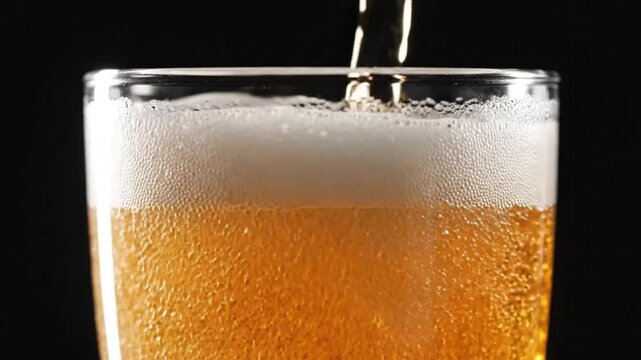 Close-up of beer being poured into a chilled glass, creating a foamy head against a black background