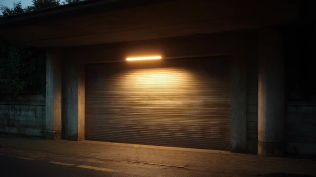 Nighttime garage door illuminated by warm exterior lighting in urban setting