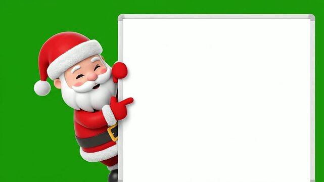 Whimsical Cartoon Santa Claus Peeking Behind Blank Whiteboard with Solid Green Background for Holiday Promotions and Greeting Cards