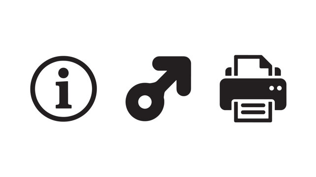 Information Icon, Gear, and Printer on White Background For Business Technology Concepts