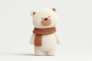 Fototapeta premium A white teddy bear with a brown scarf around its neck set against a white background. the bear is made of wool giving it a soft and cozy feel.