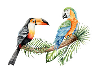 Obraz premium Toco toucan and parrot macaw sitting on a branch, leaves of a palm tree, monstera. Watercolor hand drawn bird, isolated illustration on transparent background. Perfect for tropical design projects