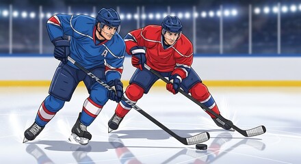 Obraz premium Competitive Ice Hockey Players Skating Toward Puck on Illuminated Arena Rink