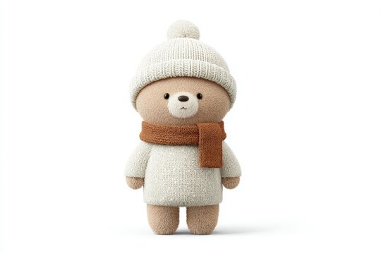 A teddy bear wearing a white dress and a brown scarf set against a white background.