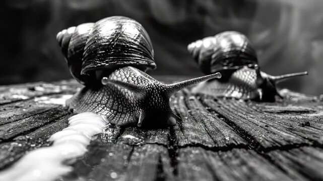 Black and White Macro Close-up of Two Snails Sliding on Textured Wooden Surface, Cinematic and Artistic