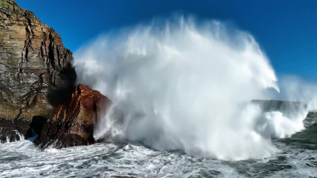 Powerful ocean wave crashes against rugged coastal rocks on a bright sunny day creating a dramatic scene