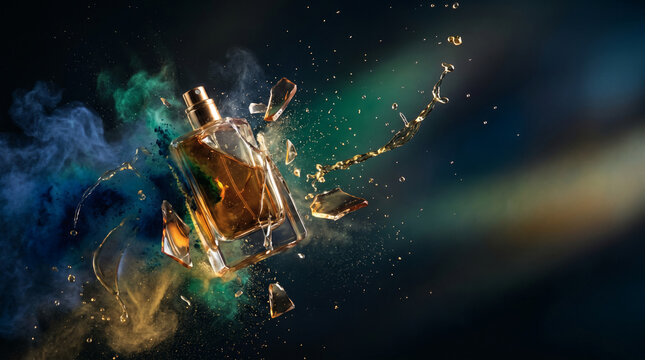 Exploding perfume bottle with amber liquid splash and colorful smoke