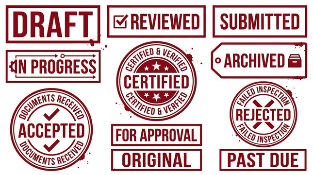 Collection of various rubber stamp icons indicating document status and approval processes