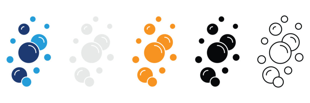Soap bubbles collection featuring colorfull, black, white, and outline graphic elements, isolated symbols set for clean hygiene concept design, creative microstock assets.