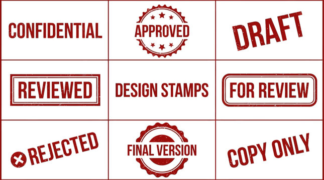 Collection of red rubber stamps with different approval and review status messages
